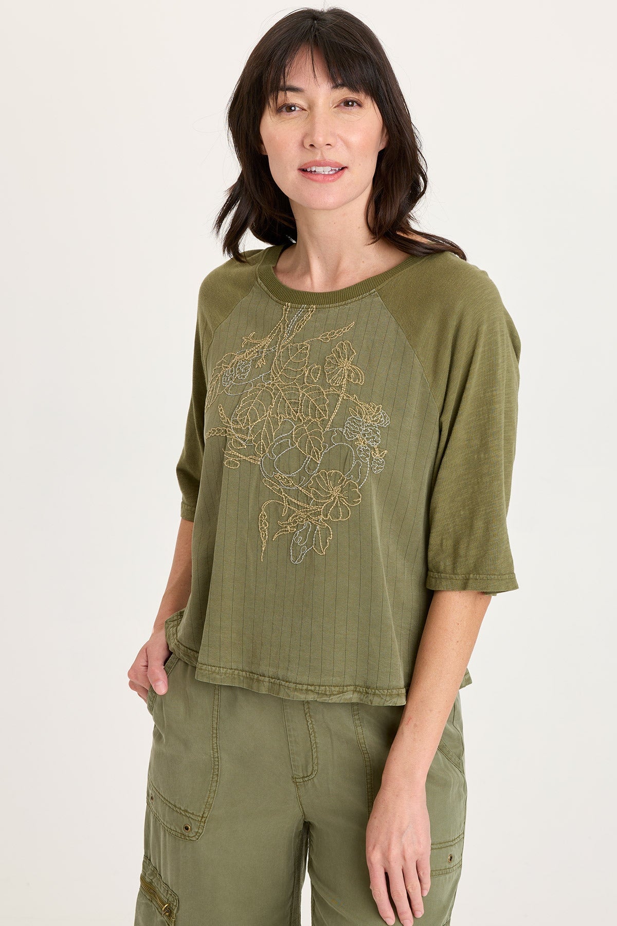 Jory Embroidered Pinstripe Twill Raglan Short Sleeve Top Espalier Pigment - XCVI