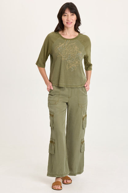 Jory Embroidered Pinstripe Twill Raglan Short Sleeve Top Espalier Pigment - XCVI