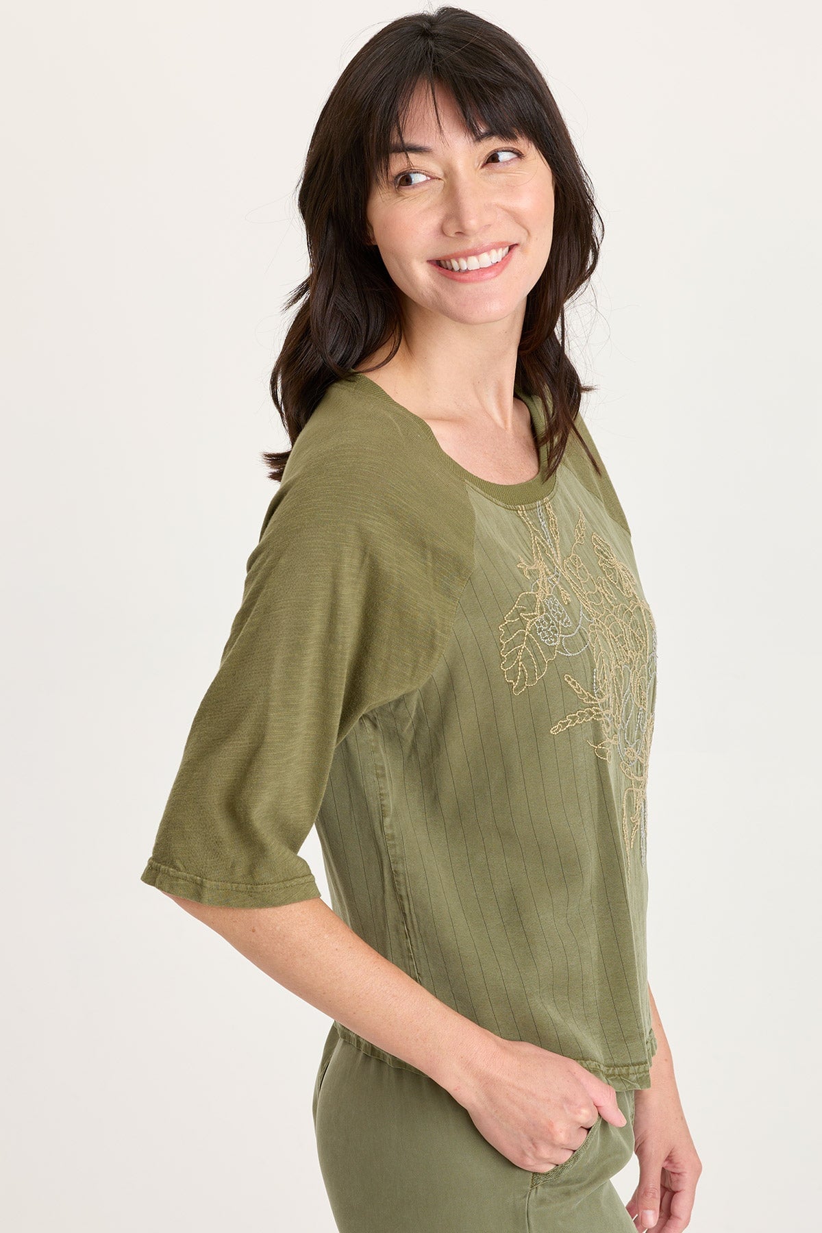 Jory Embroidered Pinstripe Twill Raglan Short Sleeve Top Espalier Pigment - XCVI