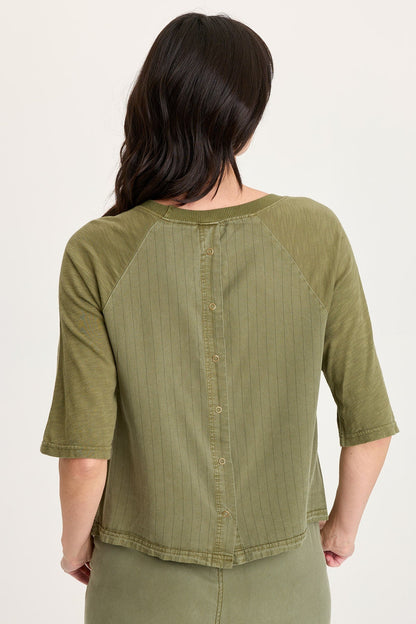 Jory Embroidered Pinstripe Twill Raglan Short Sleeve Top Espalier Pigment - XCVI