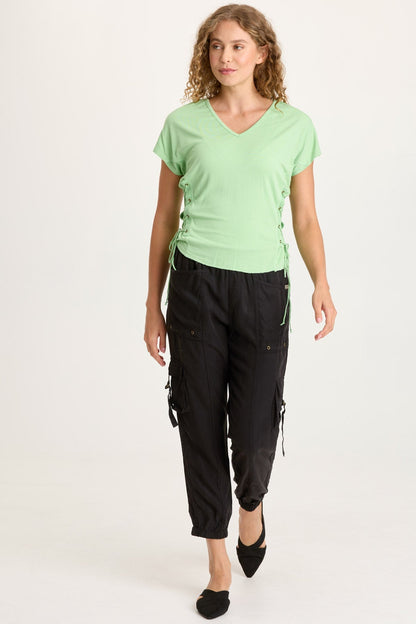 Sandro Jersey Lace-Up Detail V-Neck Short Sleeve Top Early Spring - XCVI