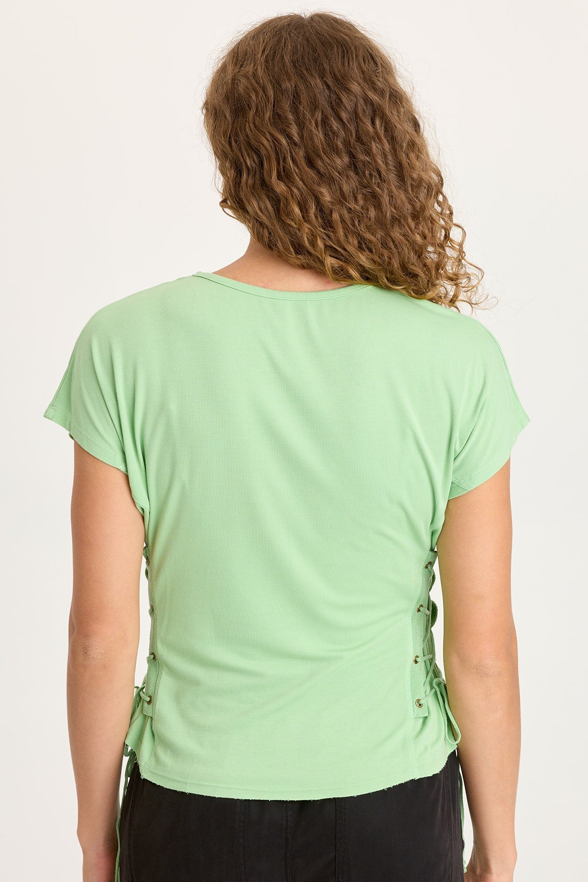 Sandro Jersey Lace-Up Detail V-Neck Short Sleeve Top Early Spring - XCVI