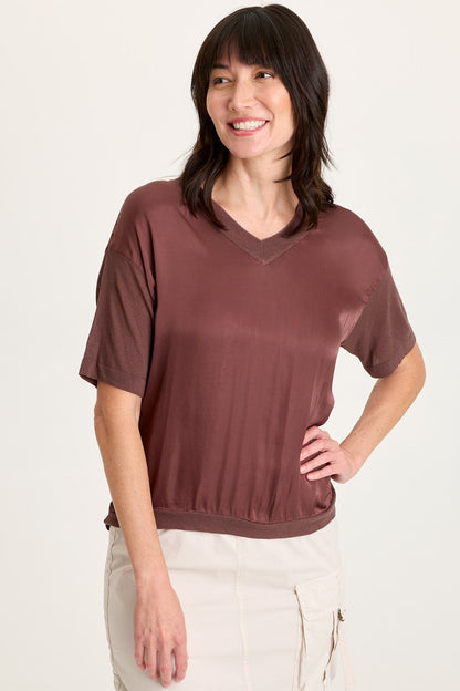 Lottie Satin/Knit Short Sleeve V-Neck Top Virtuoso Pigment - XCVI