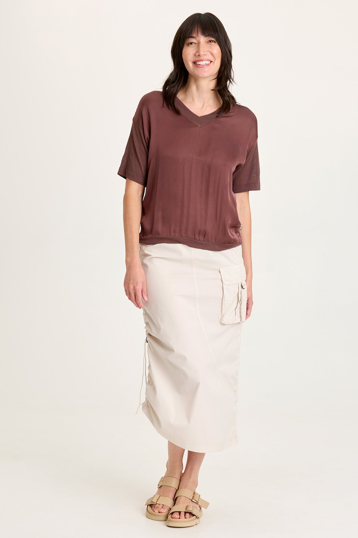 Lottie Satin/Knit Short Sleeve V-Neck Top Virtuoso Pigment - XCVI