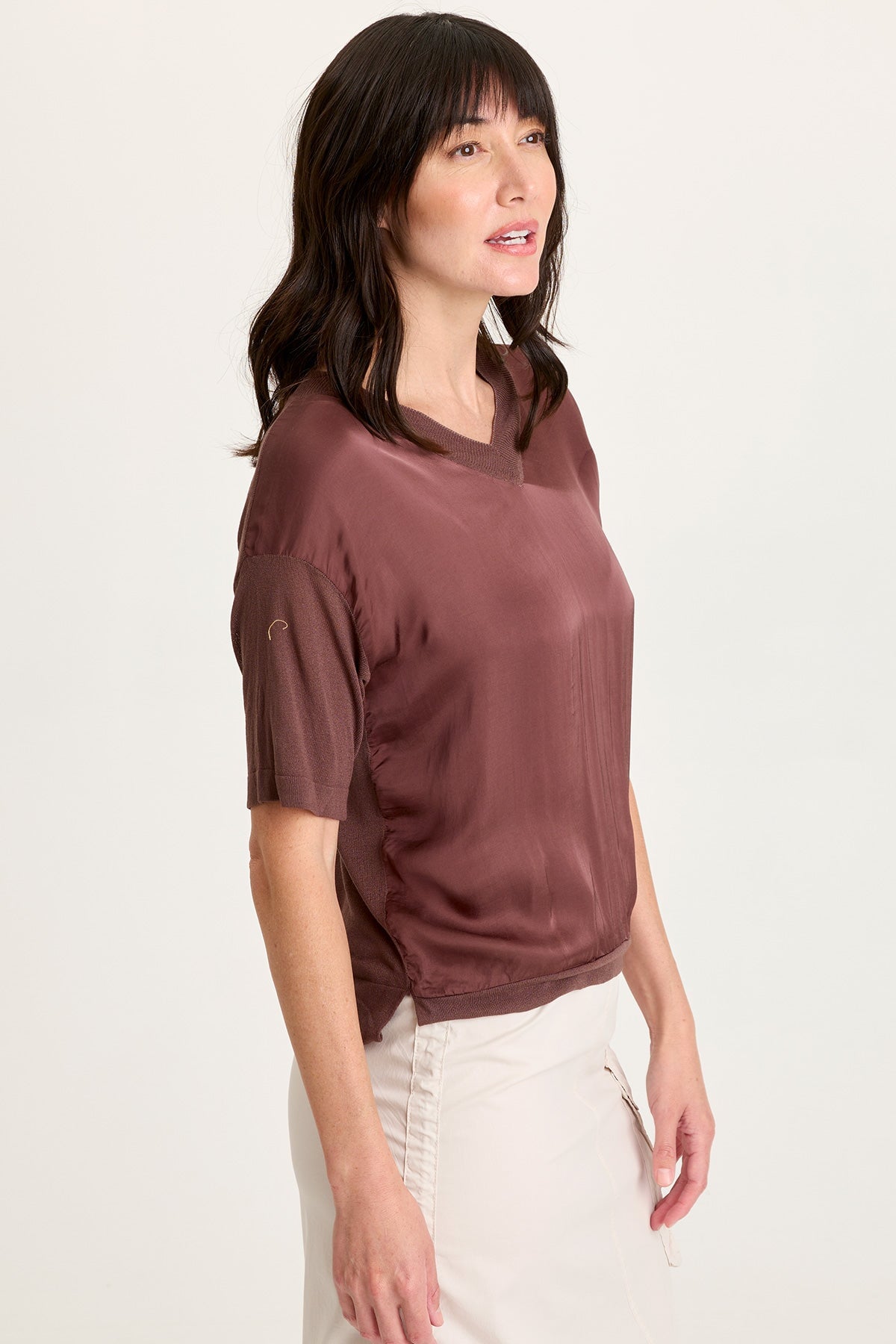 Lottie Satin/Knit Short Sleeve V-Neck Top Virtuoso Pigment - XCVI