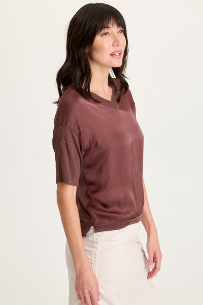 Lottie Satin/Knit Short Sleeve V-Neck Top Virtuoso Pigment - XCVI
