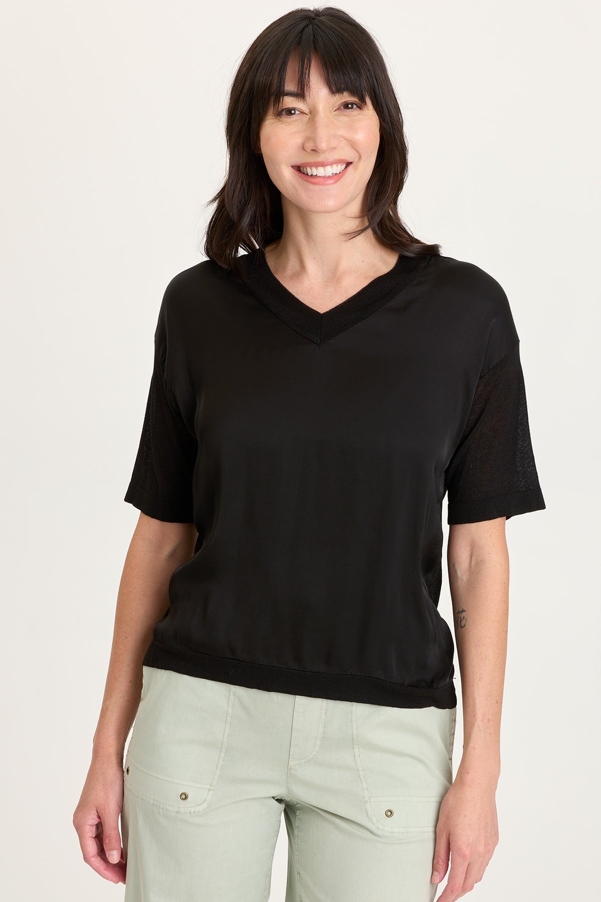 Lottie Satin/Knit Short Sleeve V-Neck Top Black - XCVI
