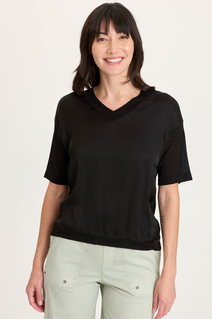 Lottie Satin/Knit Short Sleeve V-Neck Top Black - XCVI