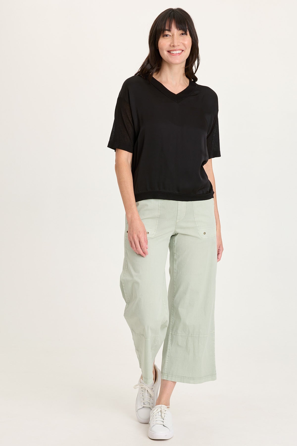 Lottie Satin/Knit Short Sleeve V-Neck Top Black - XCVI