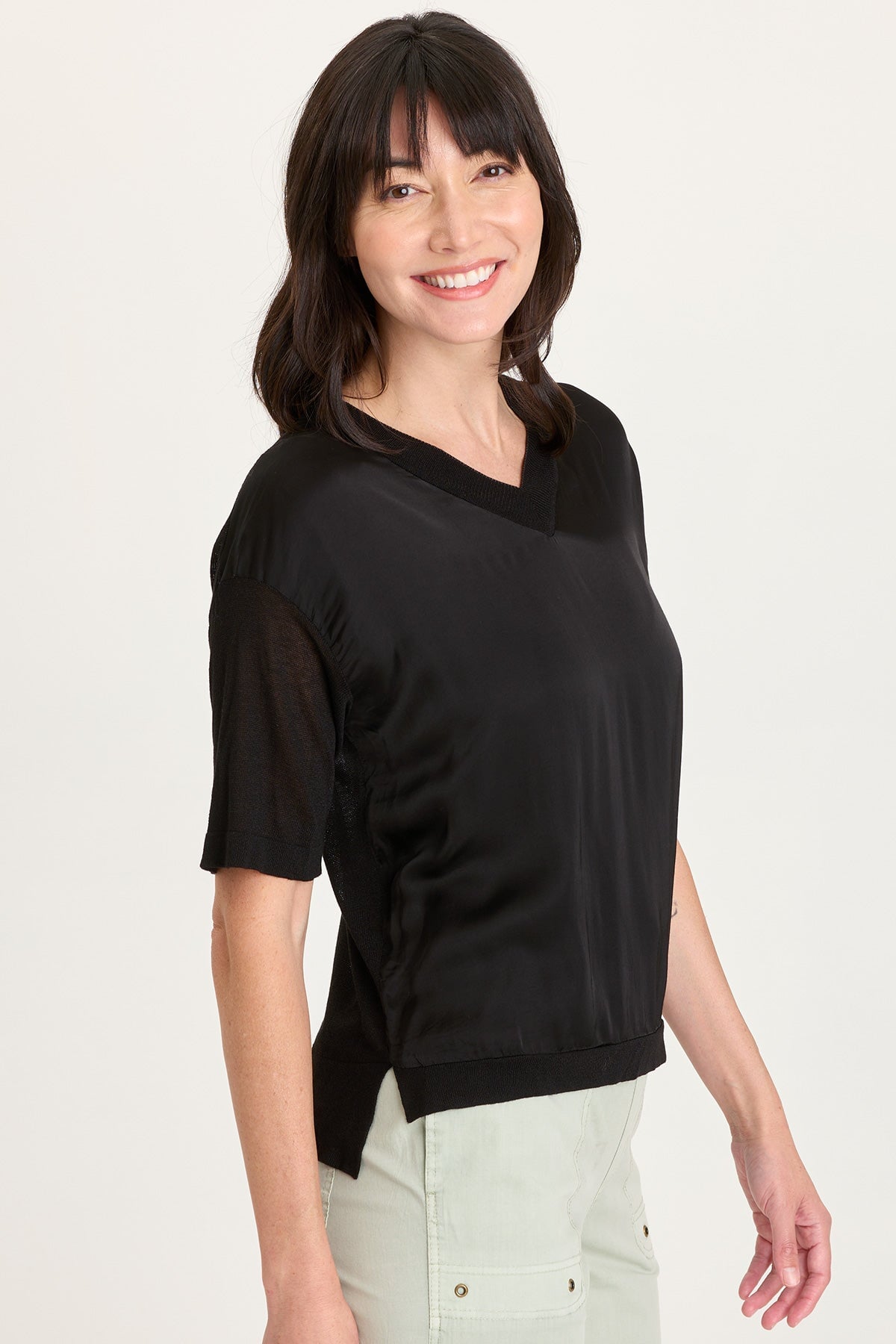 Lottie Satin/Knit Short Sleeve V-Neck Top Black - XCVI