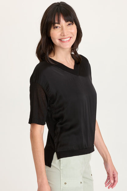 Lottie Satin/Knit Short Sleeve V-Neck Top Black - XCVI