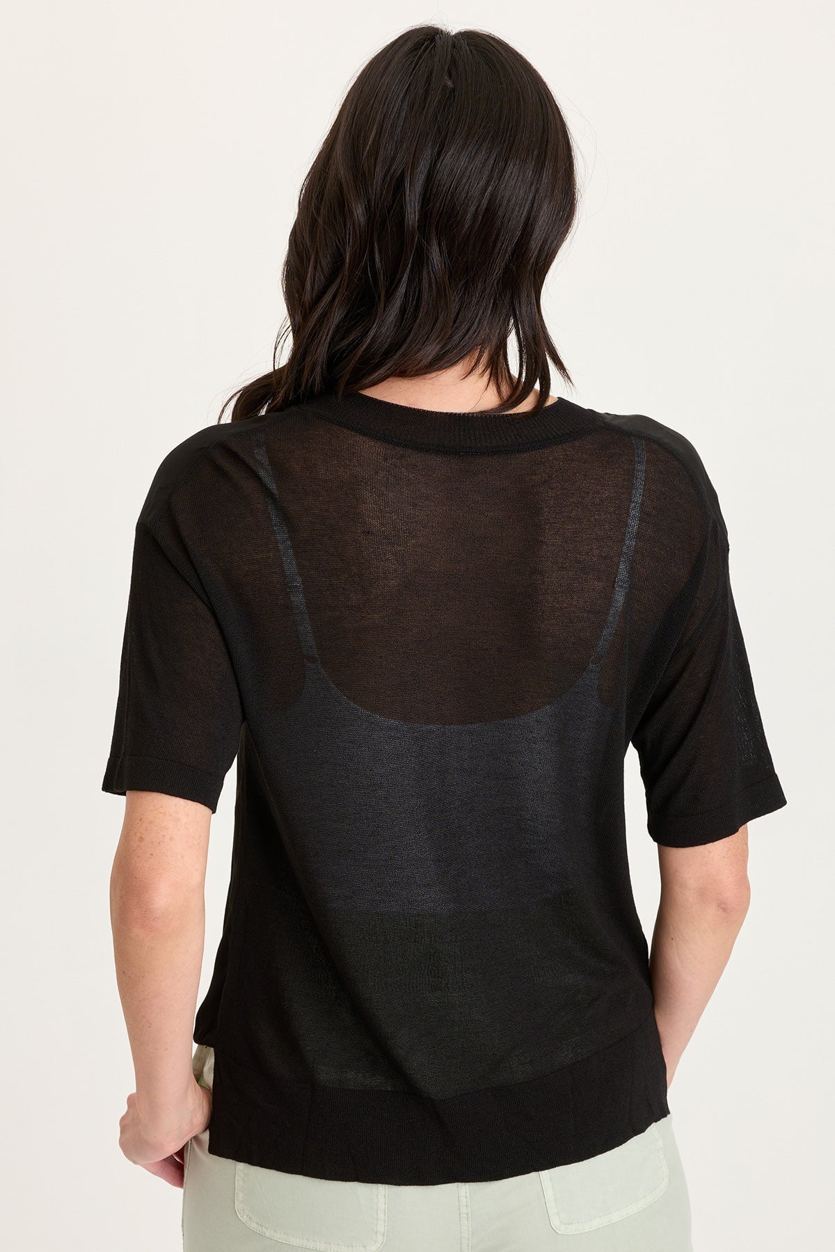 Lottie Satin/Knit Short Sleeve V-Neck Top Black - XCVI