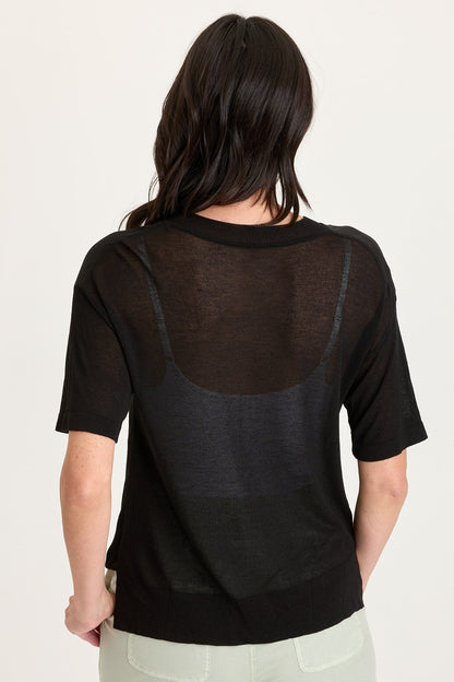 Lottie Satin/Knit Short Sleeve V-Neck Top Black - XCVI