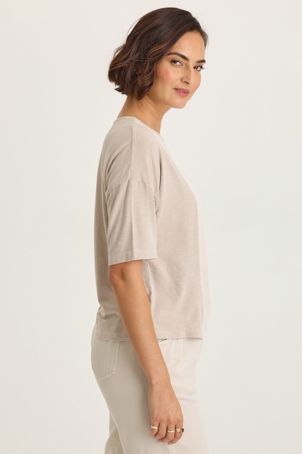 Wearables Lino Twill-Front Jersey-Back Boat Neck Short Sleeve Tee Clay Pot Pigment - XCVI