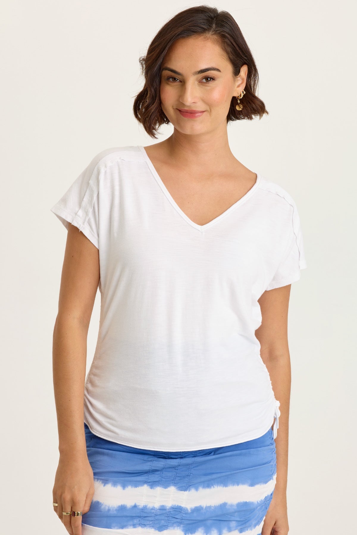 Wearables Diggory Jersey Cinchable V-Neck Dolman Short Sleeve Tee White - XCVI