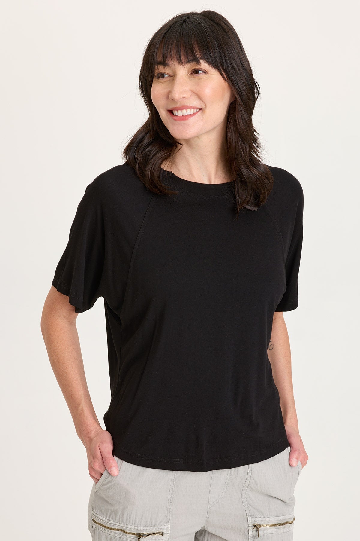 Lester Jersey Raglan Short Sleeve Tee with Partial Rib Collar Black - XCVI