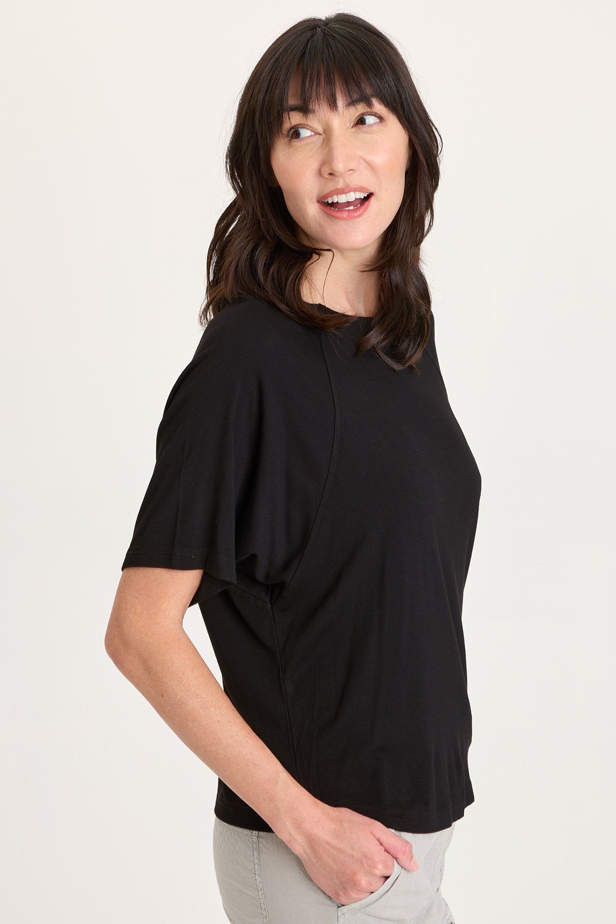 Lester Jersey Raglan Short Sleeve Tee with Partial Rib Collar Black - XCVI