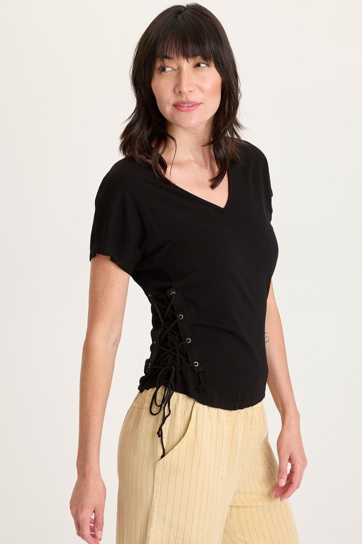 Sandro Jersey Lace-Up Detail V-Neck Short Sleeve Top Black - XCVI