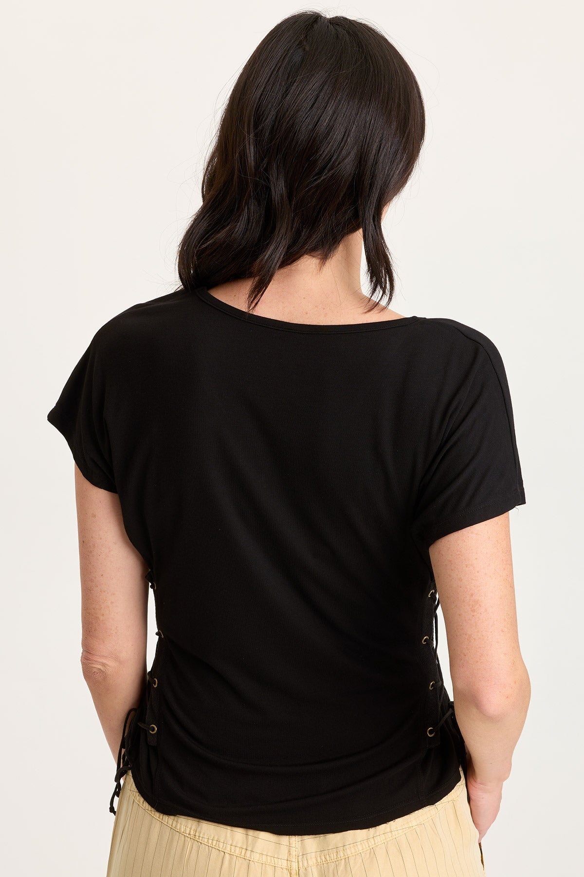 Sandro Jersey Lace-Up Detail V-Neck Short Sleeve Top Black - XCVI