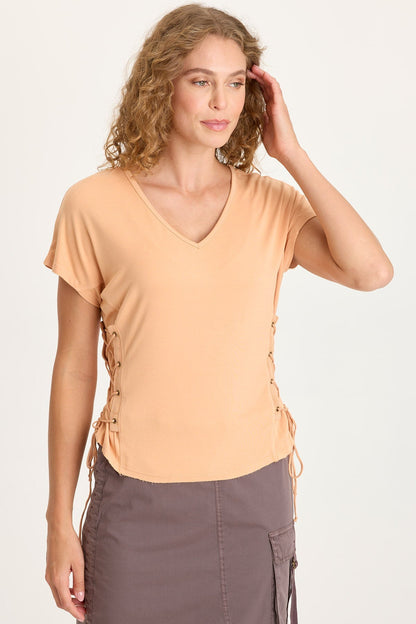 Sandro Jersey Lace-Up Detail V-Neck Short Sleeve Top Apricot Kiss - XCVI