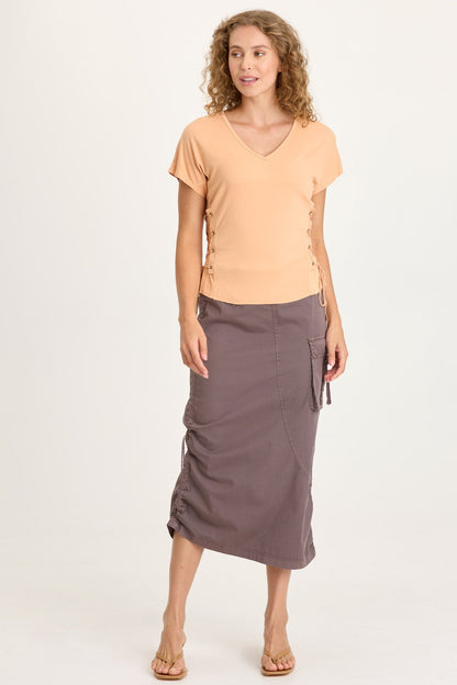 Sandro Jersey Lace-Up Detail V-Neck Short Sleeve Top Apricot Kiss - XCVI