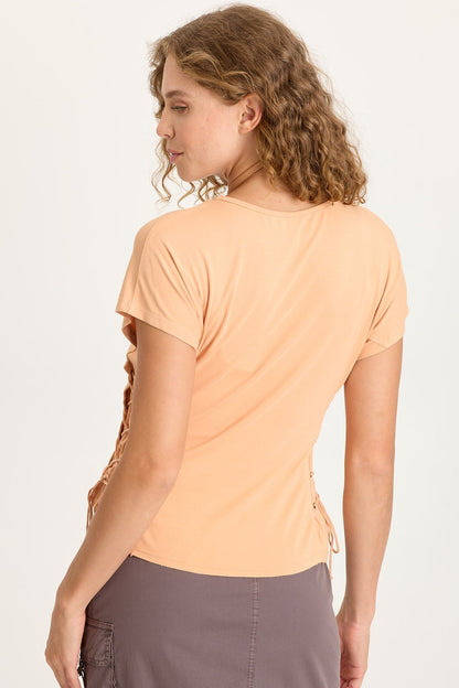 Sandro Jersey Lace-Up Detail V-Neck Short Sleeve Top Apricot Kiss - XCVI