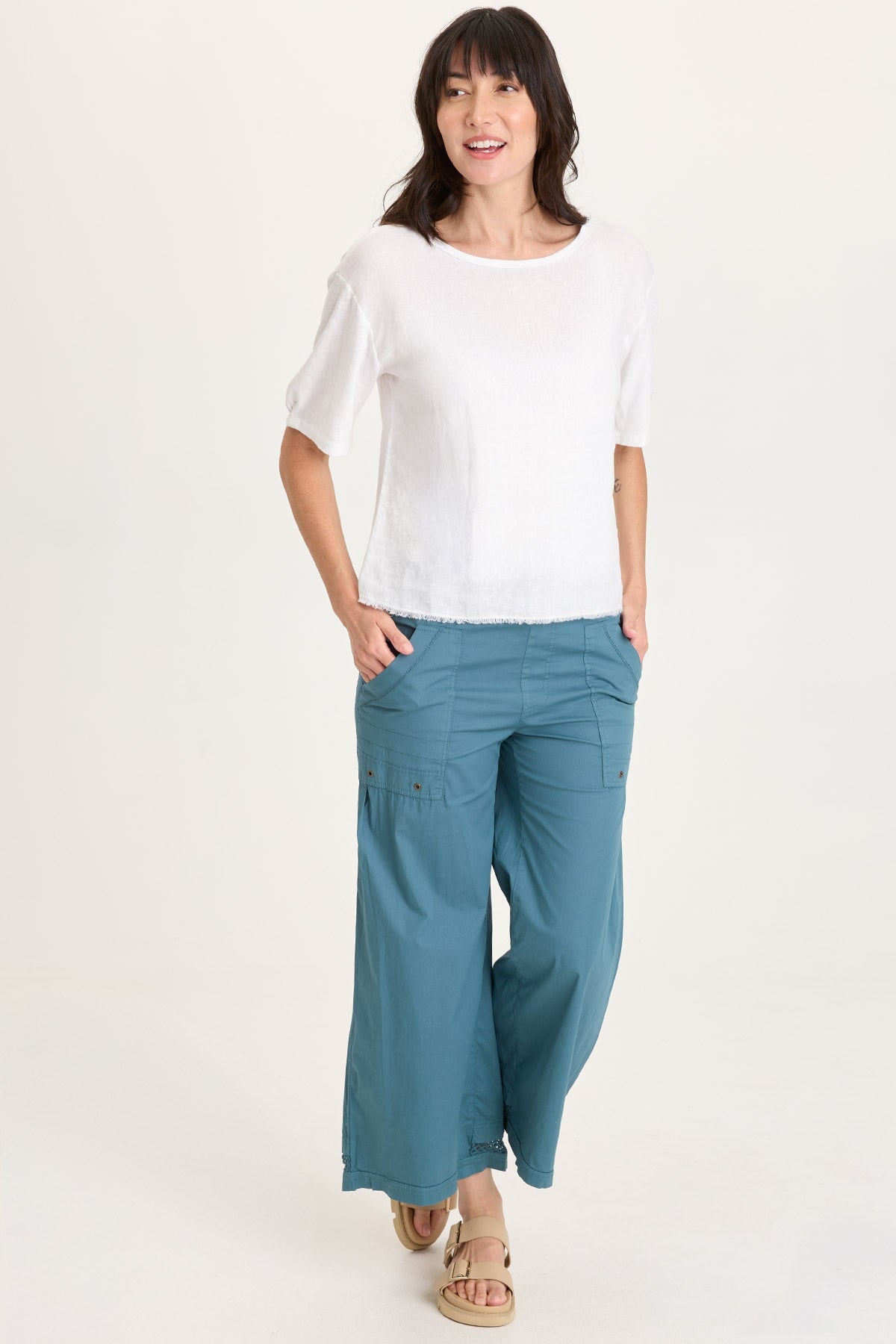 Esti Linen Long Short Sleeve Back Pleated Tee White - XCVI