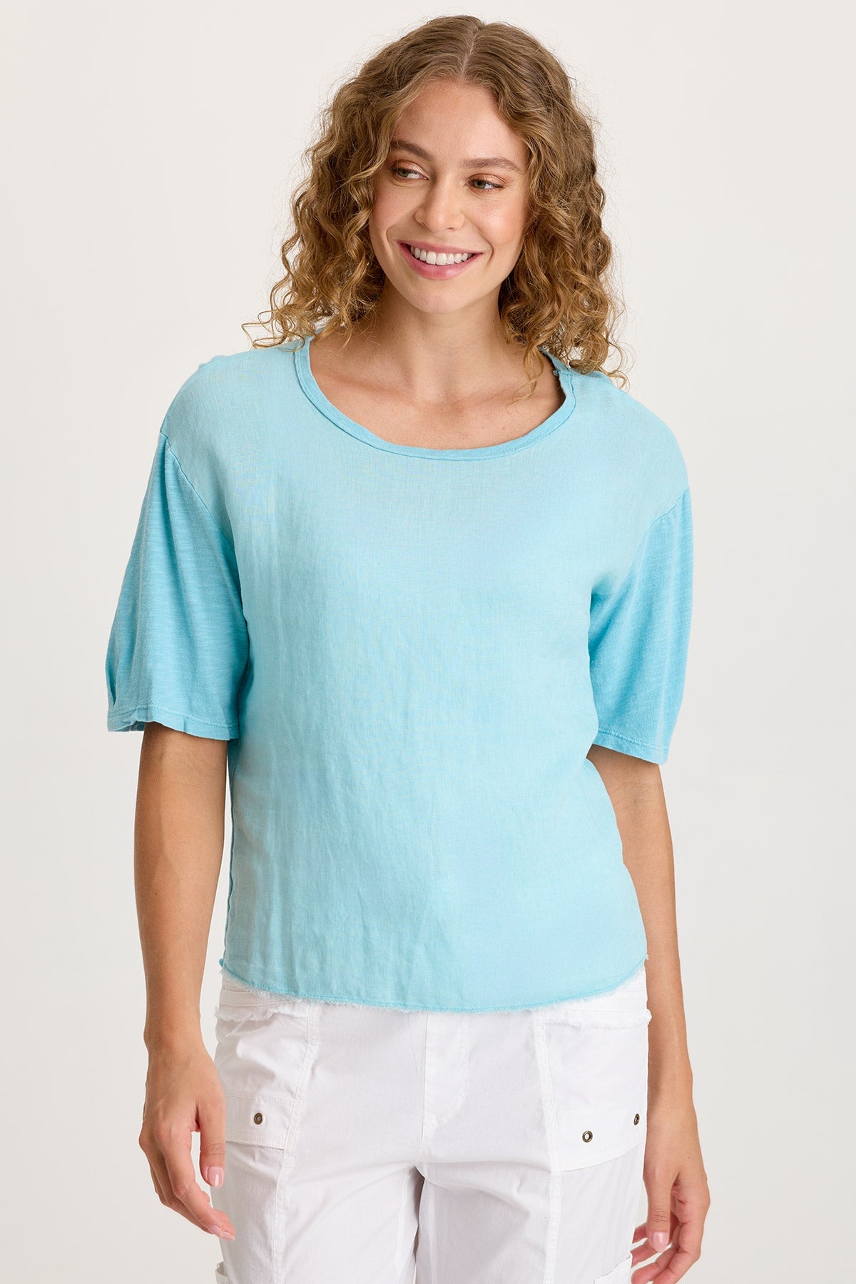 Esti Linen Long Short Sleeve Back Pleated Tee Mermaid Tail Pigment - XCVI