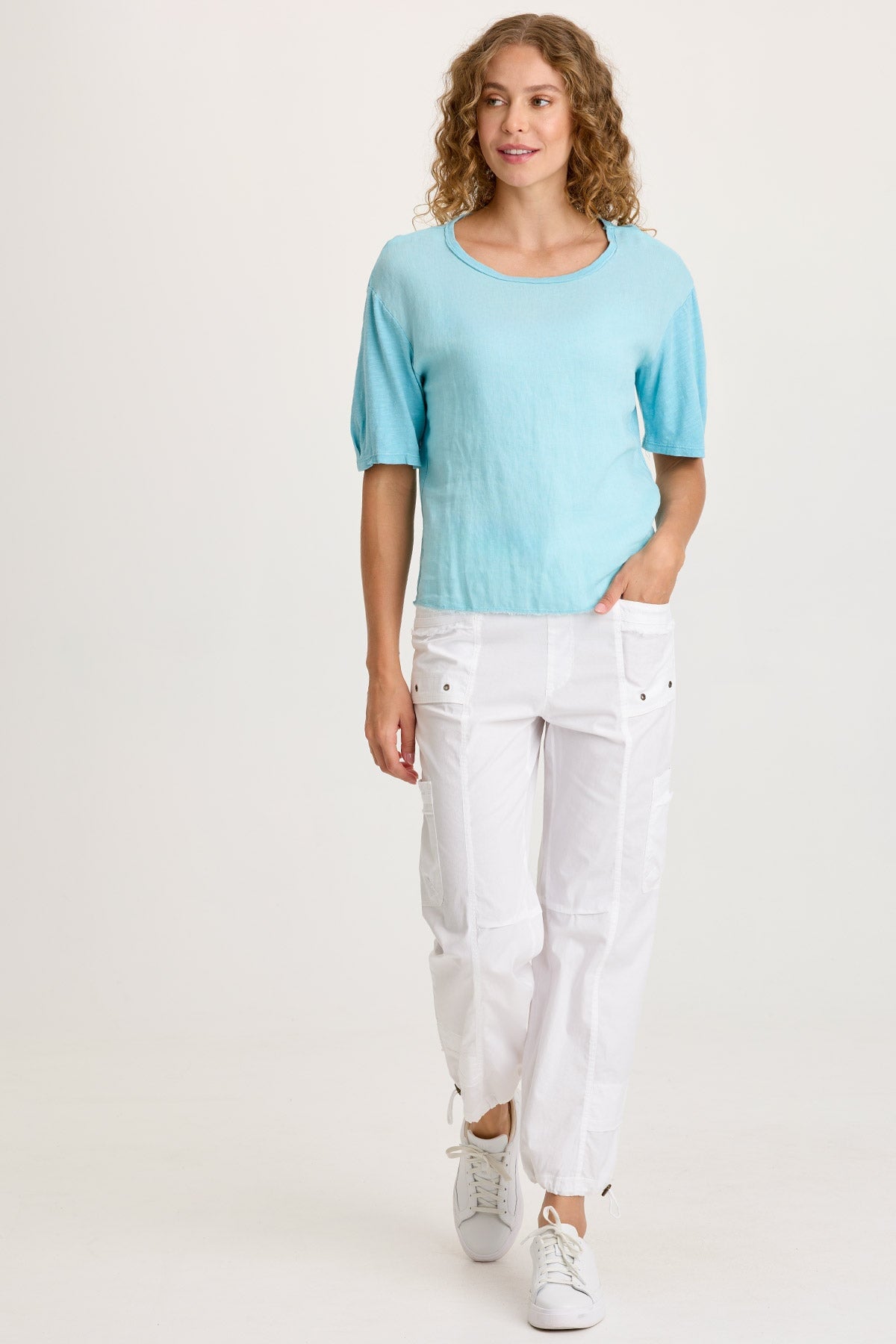 Esti Linen Long Short Sleeve Back Pleated Tee Mermaid Tail Pigment - XCVI