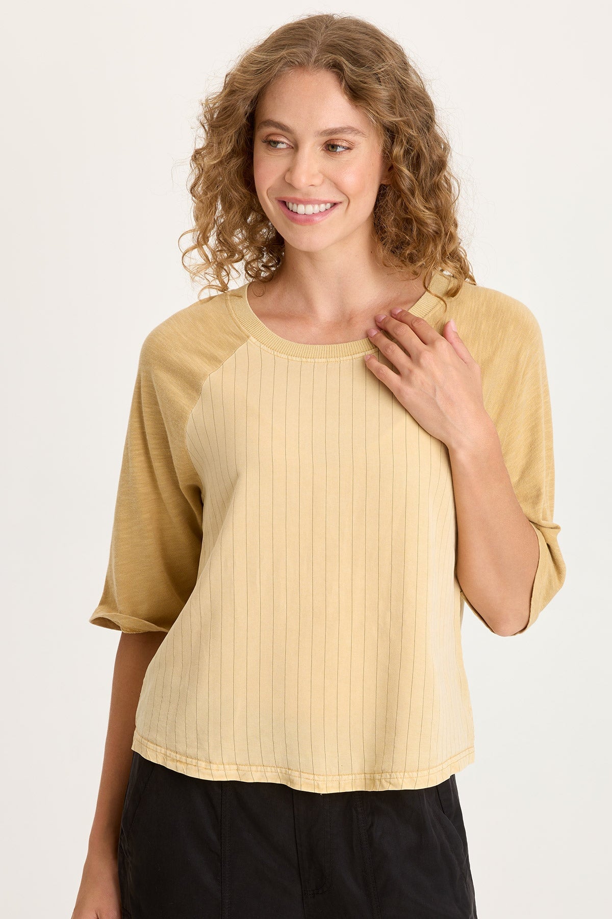 Jory Pinstripe Twill Raglan Short Sleeve Top Raffia Pigment - XCVI