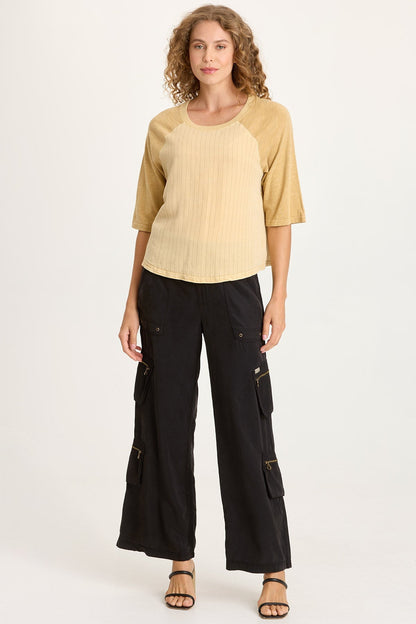 Jory Pinstripe Twill Raglan Short Sleeve Top Raffia Pigment - XCVI