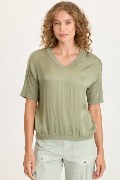 Lottie Satin/Knit Short Sleeve V-Neck Top Tradewind Pigment - XCVI