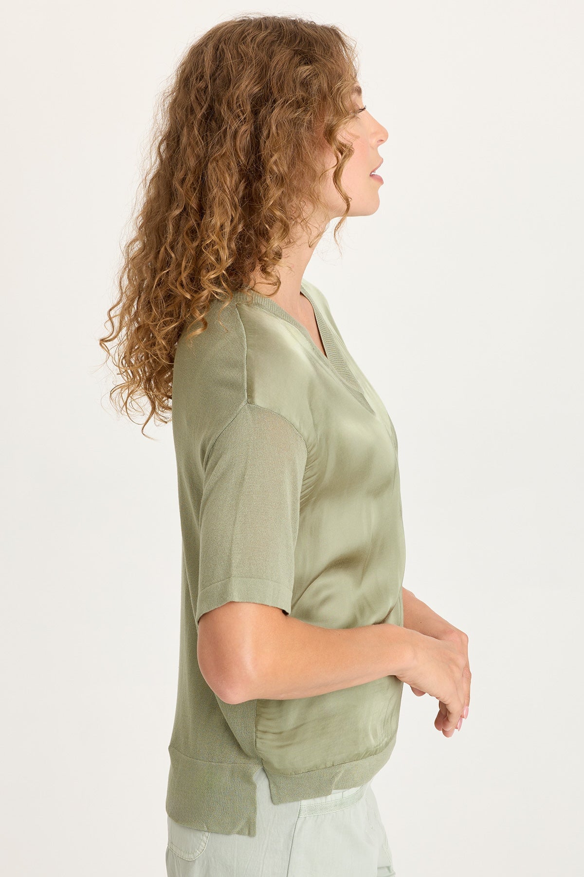 Lottie Satin/Knit Short Sleeve V-Neck Top Tradewind Pigment - XCVI
