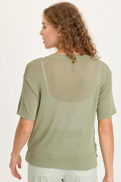 Lottie Satin/Knit Short Sleeve V-Neck Top Tradewind Pigment - XCVI