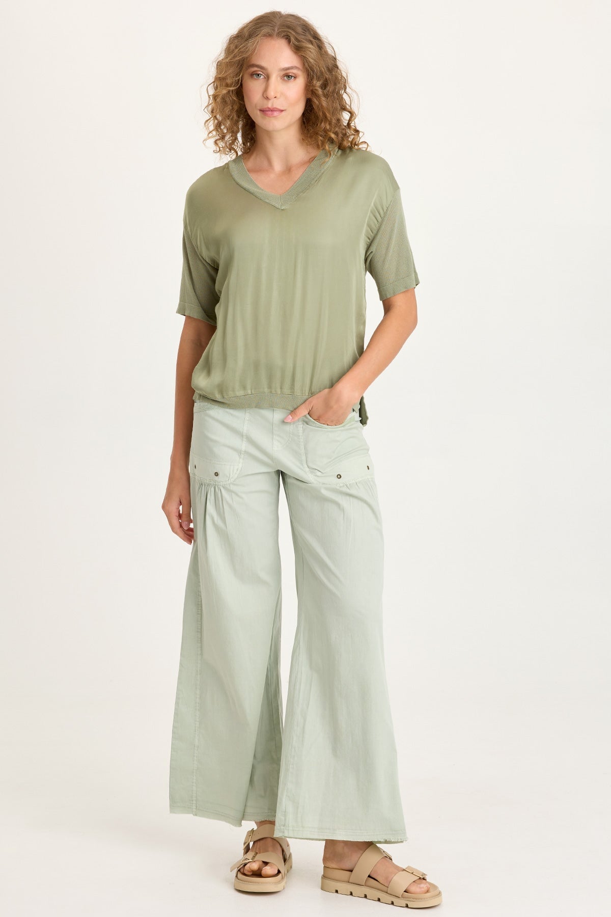 Lottie Satin/Knit Short Sleeve V-Neck Top Tradewind Pigment - XCVI