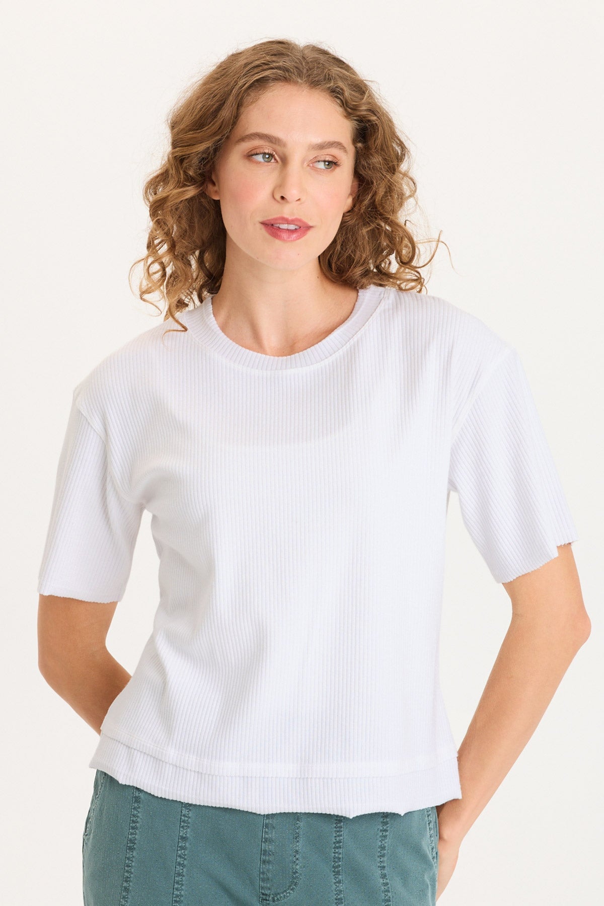 Drop Shoulder Double Raw Edge Hem Longer Short Sleeve Cairns Tee White - XCVI