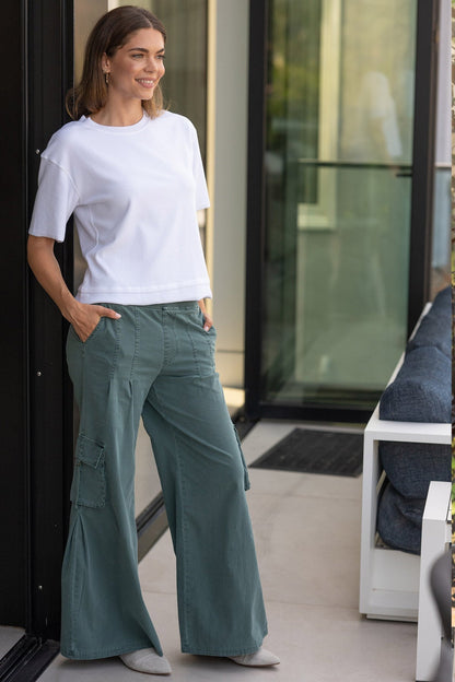 Drop Shoulder Double Raw Edge Hem Longer Short Sleeve Cairns Tee White - XCVI