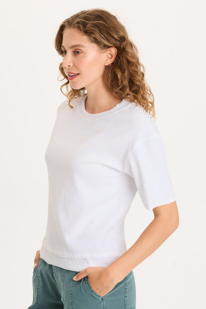 Drop Shoulder Double Raw Edge Hem Longer Short Sleeve Cairns Tee White - XCVI