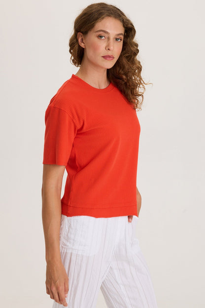 Drop Shoulder Double Raw Edge Hem Longer Short Sleeve Cairns Tee Whiplash - XCVI