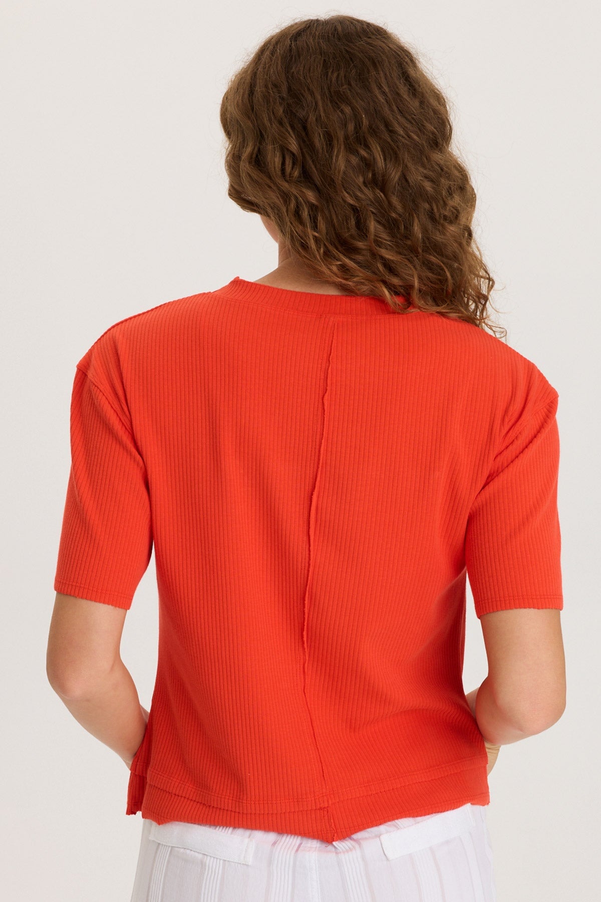 Drop Shoulder Double Raw Edge Hem Longer Short Sleeve Cairns Tee Whiplash - XCVI