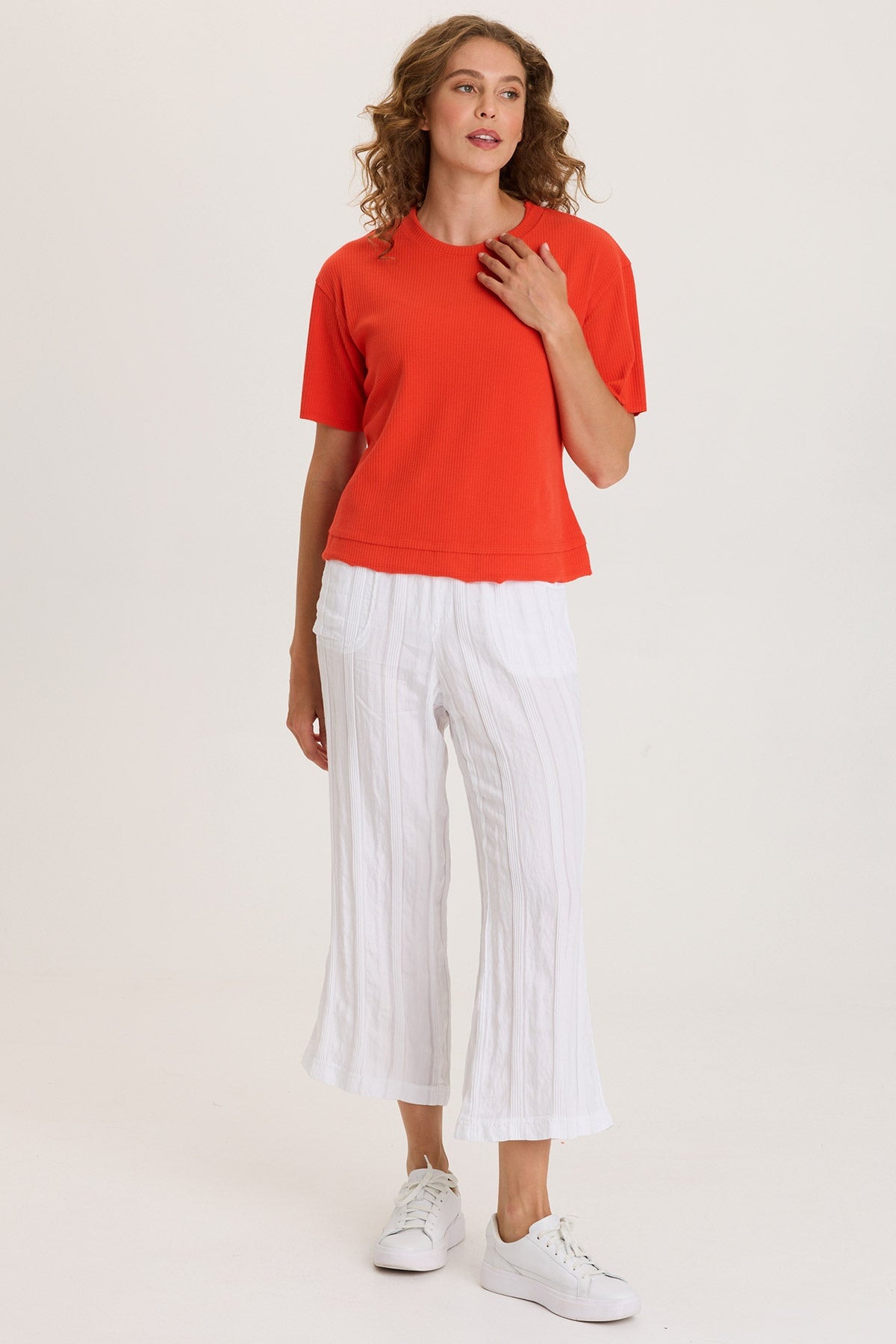 Drop Shoulder Double Raw Edge Hem Longer Short Sleeve Cairns Tee Whiplash - XCVI