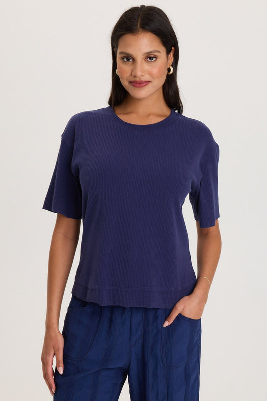 Drop Shoulder Double Raw Edge Hem Longer Short Sleeve Cairns Tee Hague Blue Pigment - XCVI