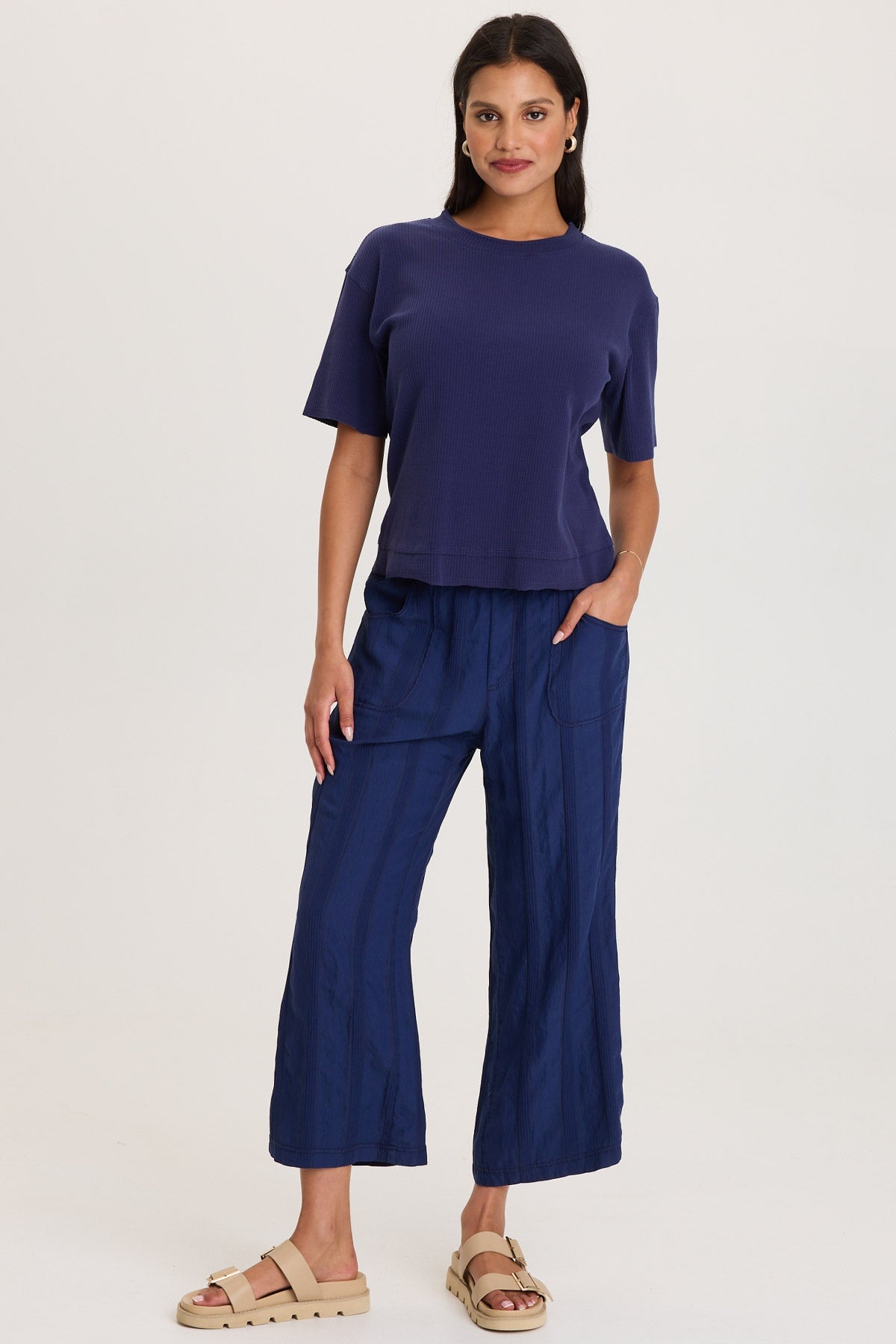 Drop Shoulder Double Raw Edge Hem Longer Short Sleeve Cairns Tee Hague Blue Pigment - XCVI