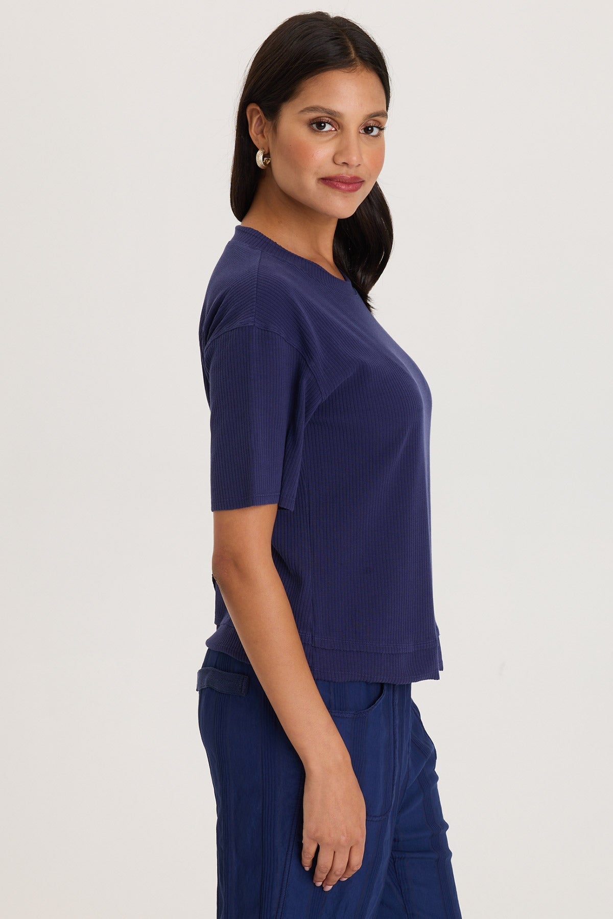 Drop Shoulder Double Raw Edge Hem Longer Short Sleeve Cairns Tee Hague Blue Pigment - XCVI