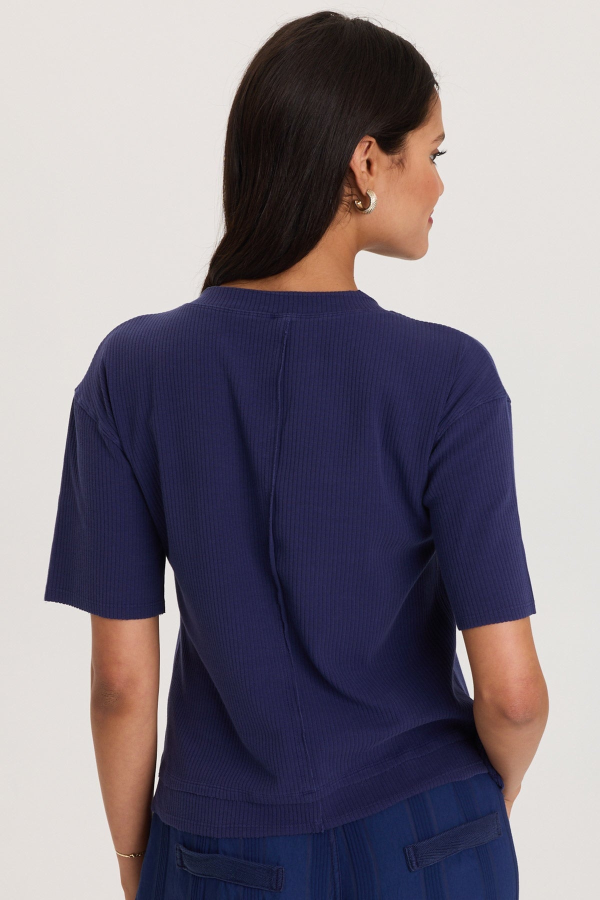 Drop Shoulder Double Raw Edge Hem Longer Short Sleeve Cairns Tee Hague Blue Pigment - XCVI