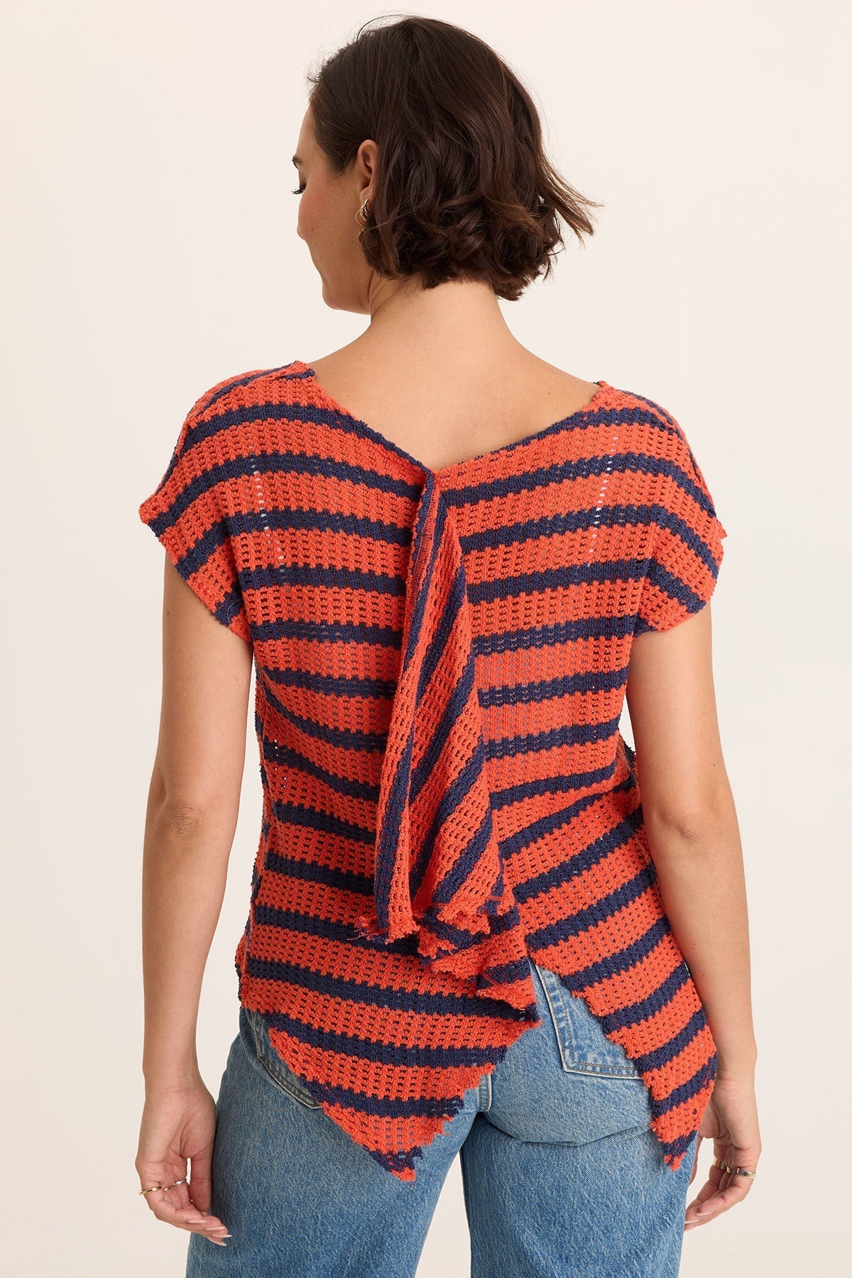 Navy Stripe Knit Waterfall Back Lawder Short Sleeve Top Whiplash - XCVI