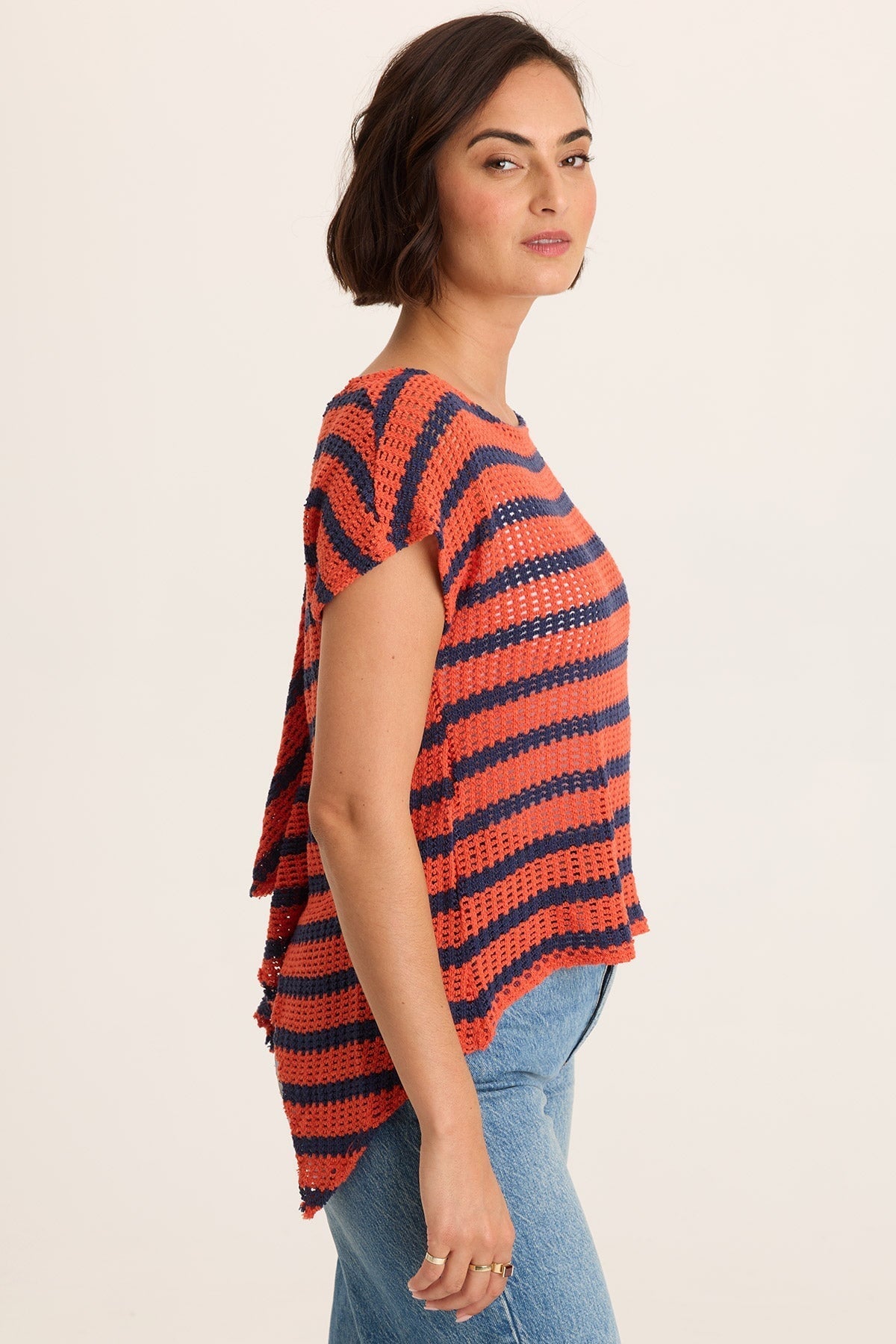 Navy Stripe Knit Waterfall Back Lawder Short Sleeve Top Whiplash - XCVI