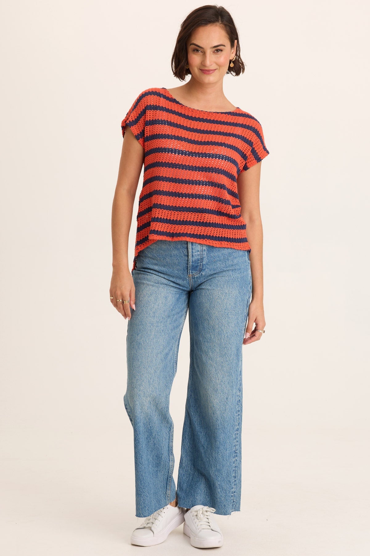 Navy Stripe Knit Waterfall Back Lawder Short Sleeve Top Whiplash - XCVI