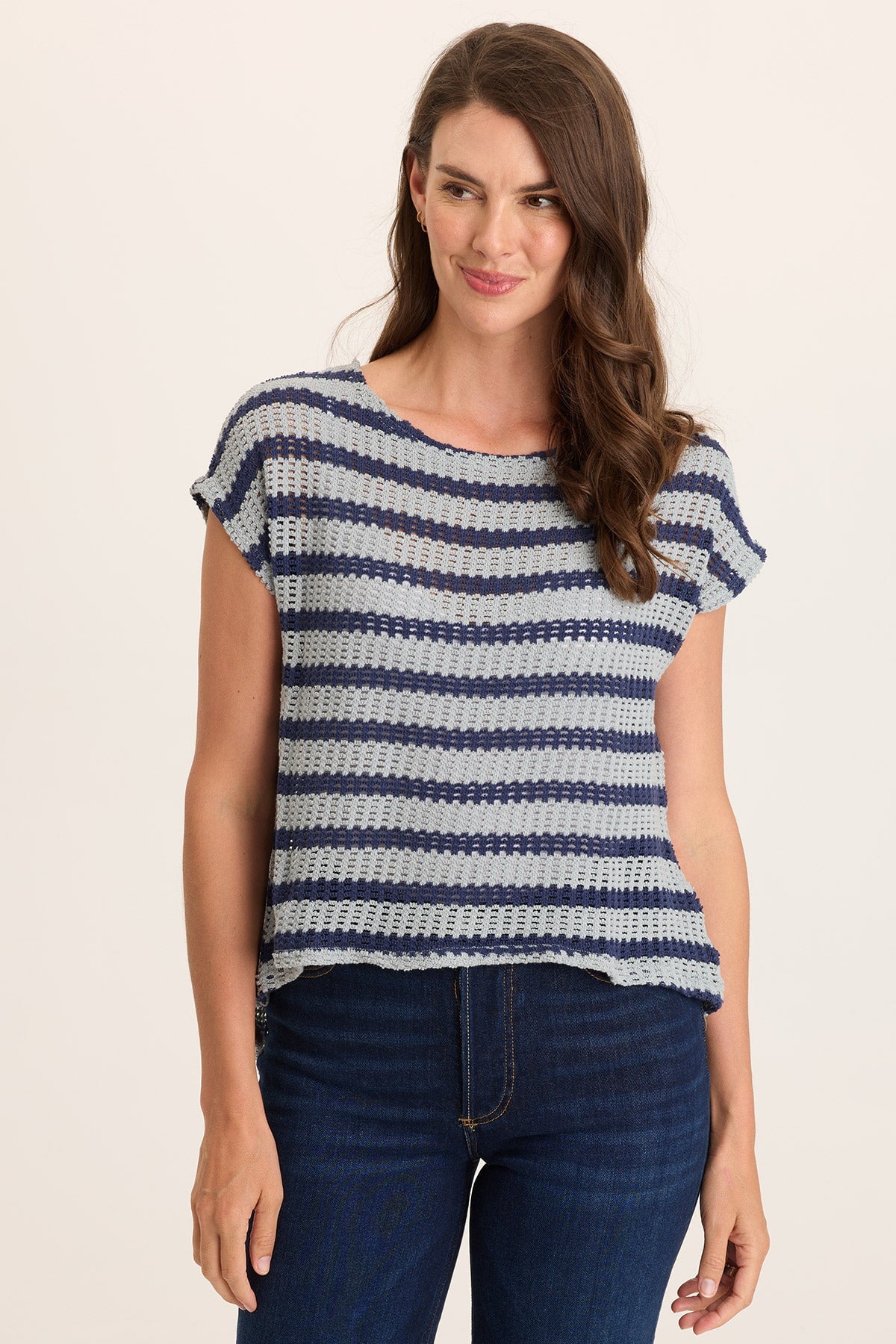 Navy Stripe Knit Waterfall Back Lawder Short Sleeve Top Carefree Pigment - XCVI