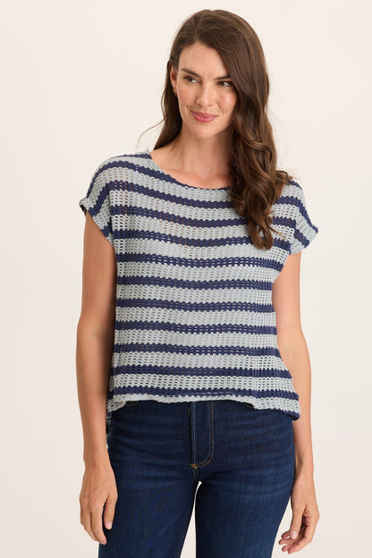 Navy Stripe Knit Waterfall Back Lawder Short Sleeve Top Carefree Pigment - XCVI